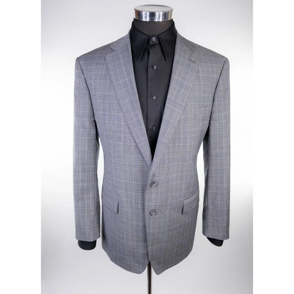 Calvin Klein 2-Pcs Plaid Gray Wool Suit Jacket Blazer 46R Pants 42X28 2-Button